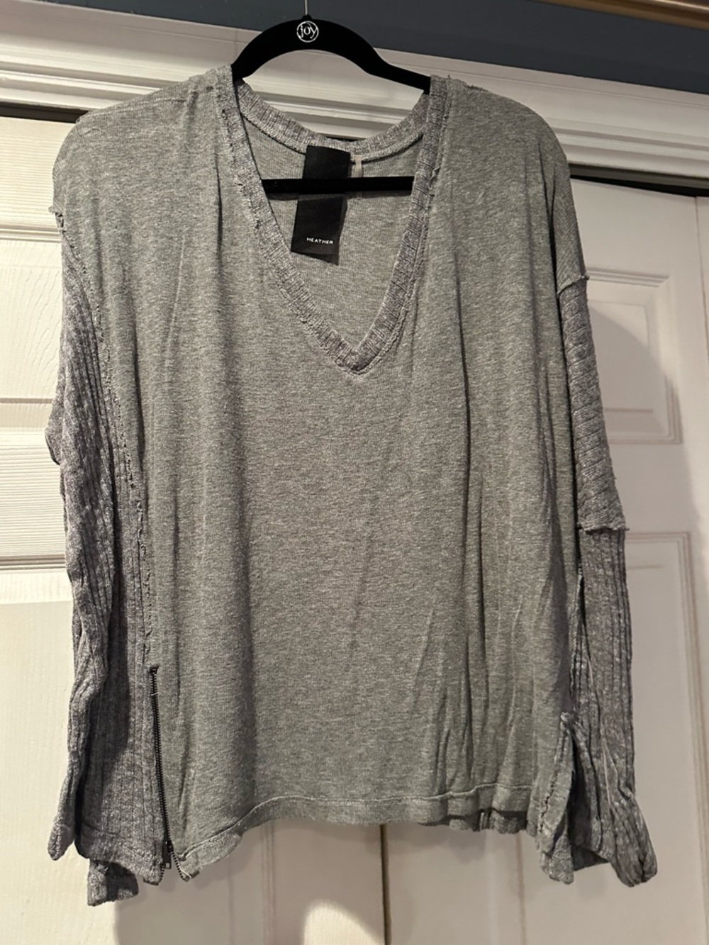 Anthropologie Heather Lightweight Gray V-Neck Long Sleeve Top with Side Zipper